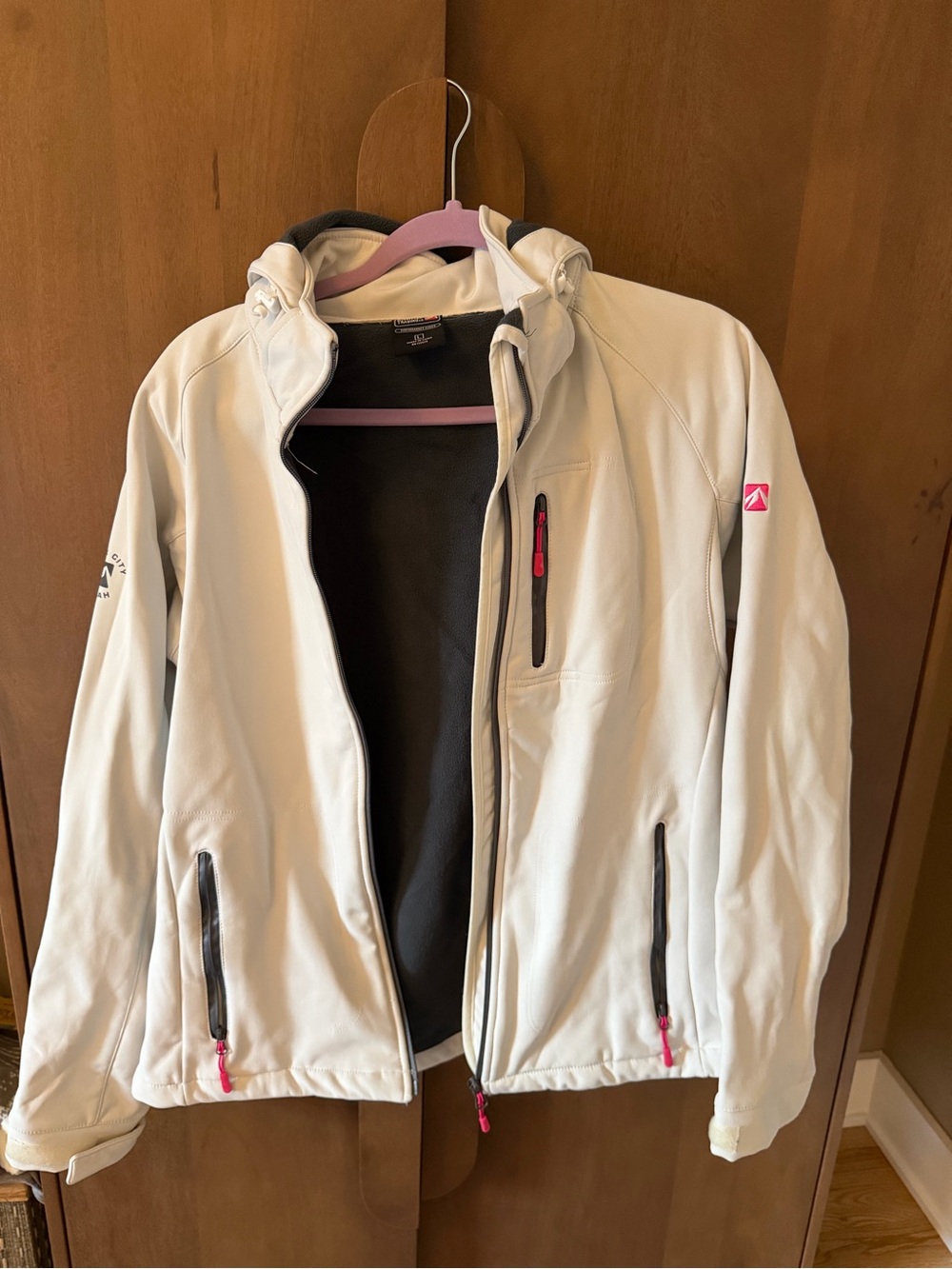 White Ski Softshell Jacket with Pink Zip Accents